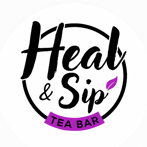 Logo of Heal & Sip Tea Bar with black text and a purple banner on a white background