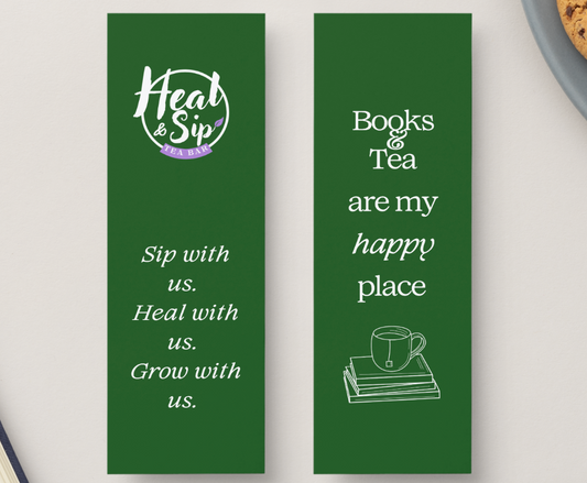 Two green bookends with white text and a logo on a light gray background.